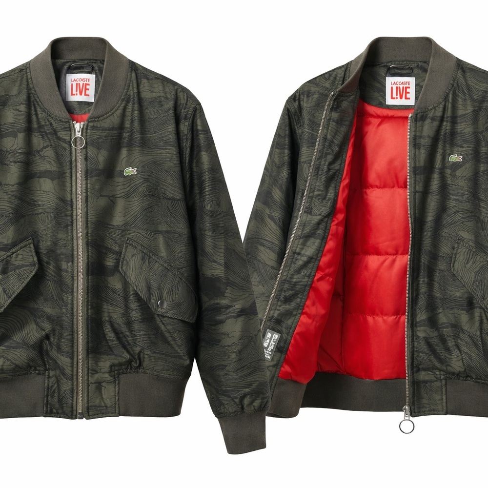 Lacoste L!VE Bomber Jacket Olive Camo Woodgrain Red Lined US XL